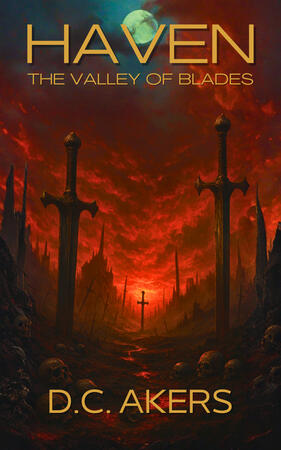 Haven The Valley of Blades book cover by DC Akers showing two ancient swords and a burning red sky.